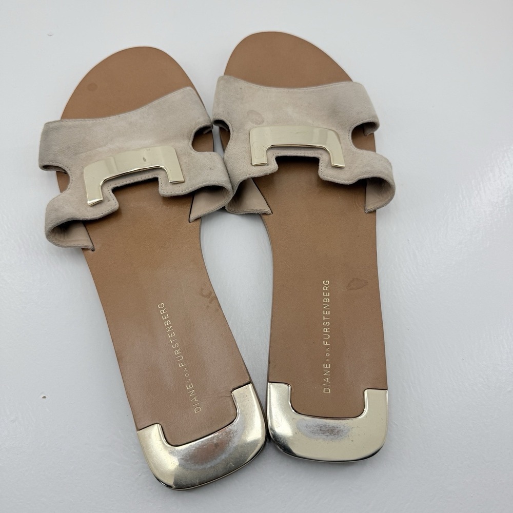Diane von Furstenberg Tan Brown Suede Leather Flat Slide Sandals Women's Size 10 - Picture 6 of 9